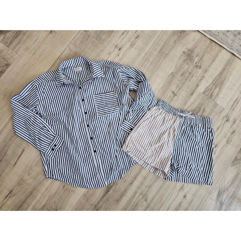 Brixton Womens Striped Button Down Shirt and Shorts Matching Set gray Tan XS S